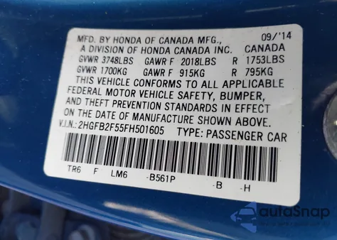 2015 Honda Civic Lx from USA, damaged, VIN 2HGFB2F55FH501605